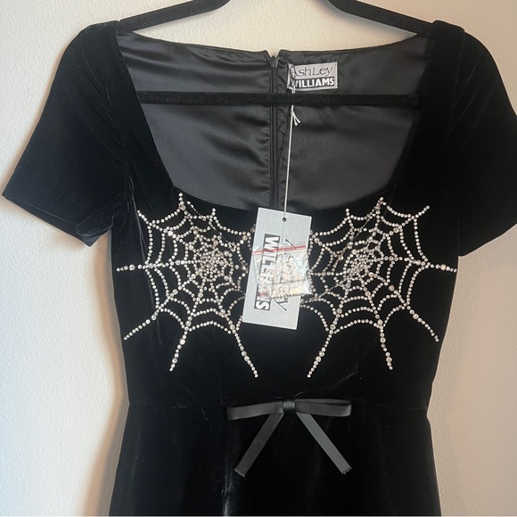 Ashley Williams London Cobweb Mini Dress - Black velvet and crystal spiderwebs - Picture 3 of 6
